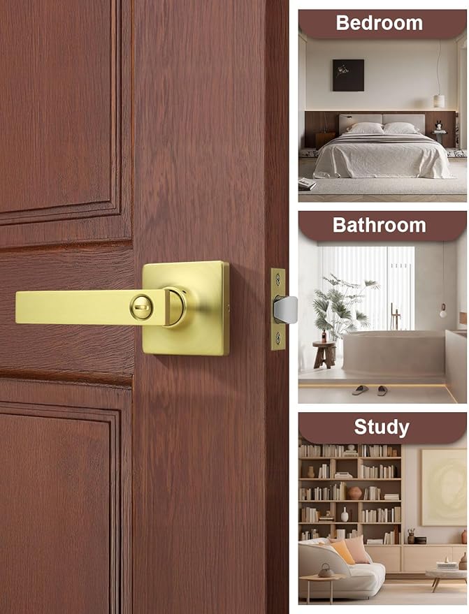 Mengico 1 Pack Gold Privacy Lever Door Handle Interior with Lock, Heavy Duty Square Door Lock for Bed/Bath, Keyless Door Locksets, Reversible for Left Right Handed Doors