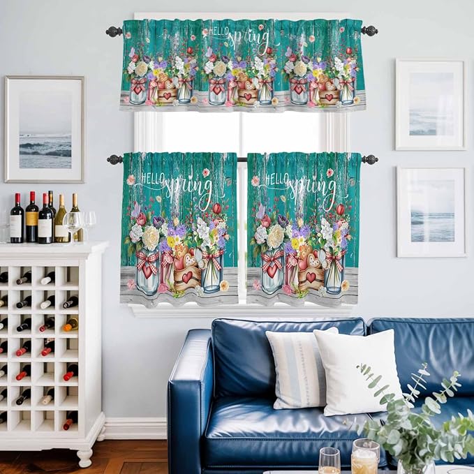Kitchen Curtains Tiers and Valance Set of 3, Spring Flowers Light Filtering - Image 6