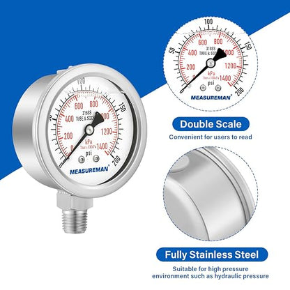 MEASUREMAN Fully Stainless Steel Hydraulic Glycerin Filled Pressure Gauge - Image 4