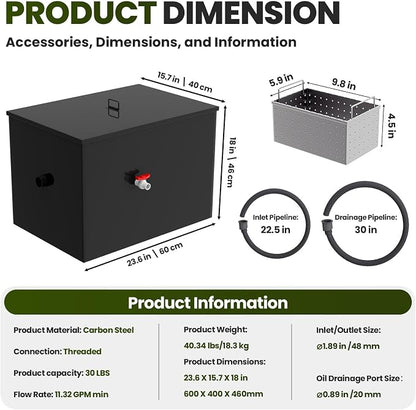 Grease Trap, 30 LBS Stainless Steel Interceptor, 23.6" × 15.7" × 18" Commercial - Image 3