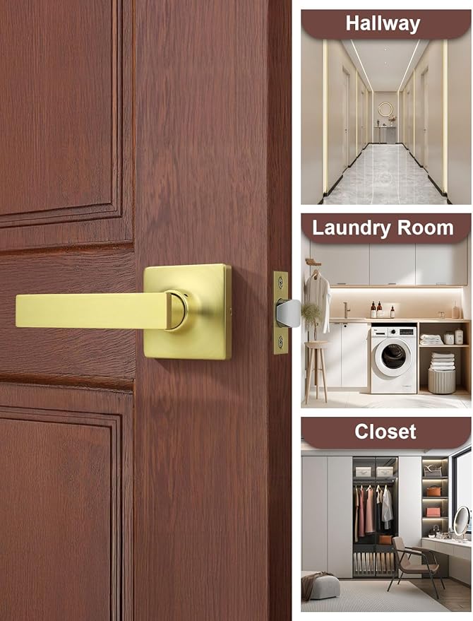 Mengico 6 Pack Passage Door Levers Gold Finish, No-Locking Keyless Square Door Knob, Interior Door Handles for Closet and Hallway, Reversible for Left & Right Handed
