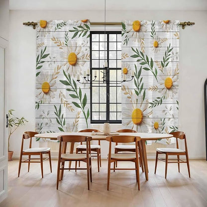 Spring Daisy Kitchen Curtains, Farmhouse Country Flower Leaf Plant Wood Grain - Image 2