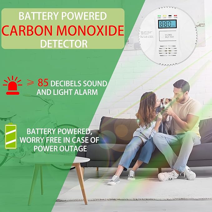 Carbon monoxide detector powered by AA battery (not included), Vzmcov CO monitoring alarm with LCD display screen, used for home basement kitchen, hotel garage, bedroom, living room voice alarm 2 Pack