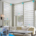 DENFOON Motorized Zebra Blinds, Solar Powered Dual Layer Automatic Shades with Remote Control, Rechargeable Smart Blinds Horizontal Wireless Electric Shades for Windows, Custom Size, White， 39 x 72