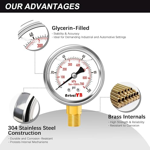 0-100 Psi 2-inch Pressure Gauge, Glycerin Filled, 1/4" NPT Lower Mount - Image 4