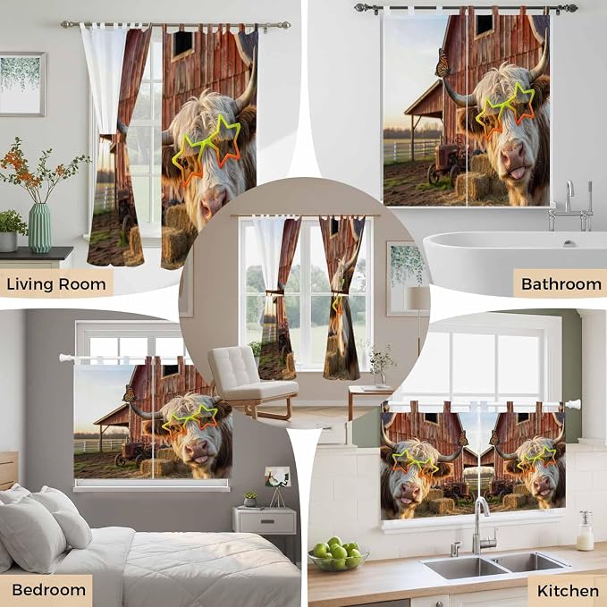 Farm Yaks Kitchen Curtains 45 Inch Length, Short Cafe Window Curtains Tab Top - Image 7