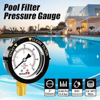 0-60PSI Pool Filter Pressure Gauge, 2 inches Dial, 1/4" NPT Bottom Mount - Image 2