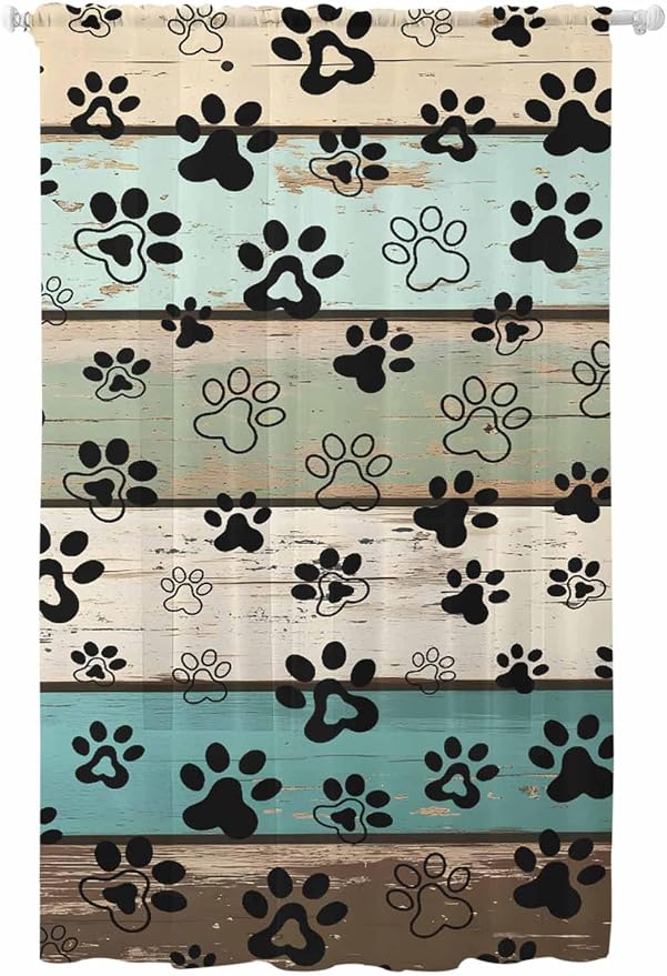 Sheer Curtains 96 Inches Long, Sage Green Brown Paw Prints Semi Sheer Curtains by Unknown
