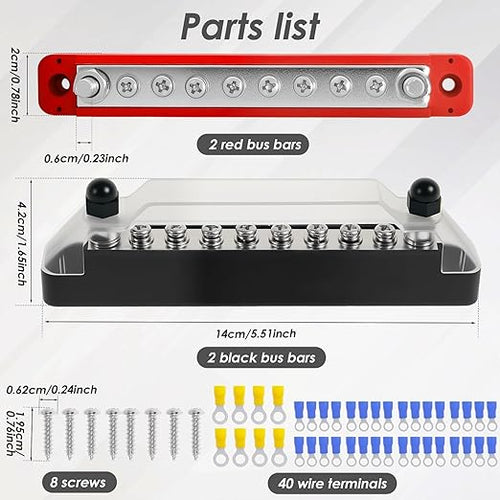 2Set 12V Bus Bar Stainless Steel Power Distribution Block Space Saving Marine Buss Bar High Security for Boat 2 x 1/4" Posts, 8 x M4 (#8) Screws Terminals (Black+Red)