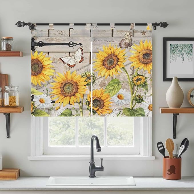 Farm Flowers Kitchen Curtains 45 Inch Length, Short Cafe Window Curtains Tab Top - Image 3