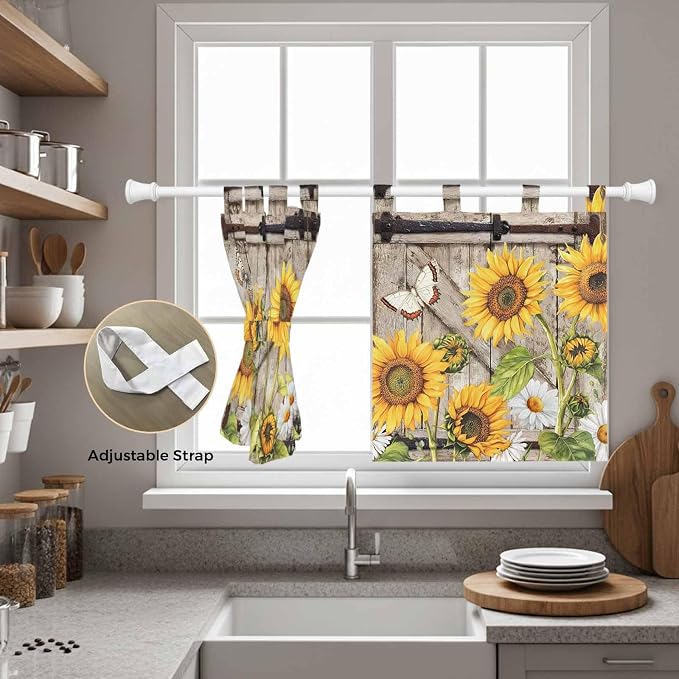 Farmhouse Sunflowers Kitchen Curtains 36 Inch Length, Small Window Curtains Tab - Image 5