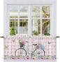Spring Tier Curtains, Bicycles Leaves Butterfly Flowers Pink Buffalo Plaid by Unknown