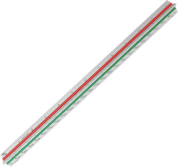 12" Architectural Scale Ruler Aluminum Architect Scale Triangular Scale Ruler for Architects, Draftsman, Students and Engineers, Color-Coded (1 Pack)