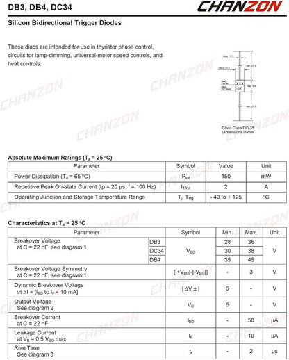 Chanzon DB3 DIAC Bidirectional Trigger Diode 2A 32V 150mW DO-35 DB-3 Axial - Image 2