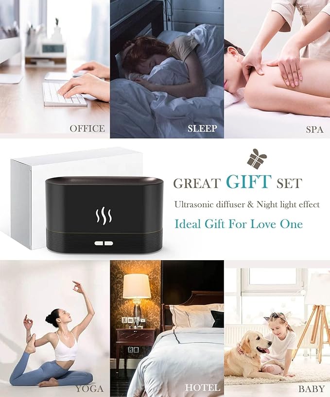 Flame Air Diffuser Humidifier,Upgraded Scent Diffuser for Essential Oils,Ultrasonic Aromatherapy,Fire Mist Humidi with 2 Brightness,Auto-Off Function for Room Home Office(Black)