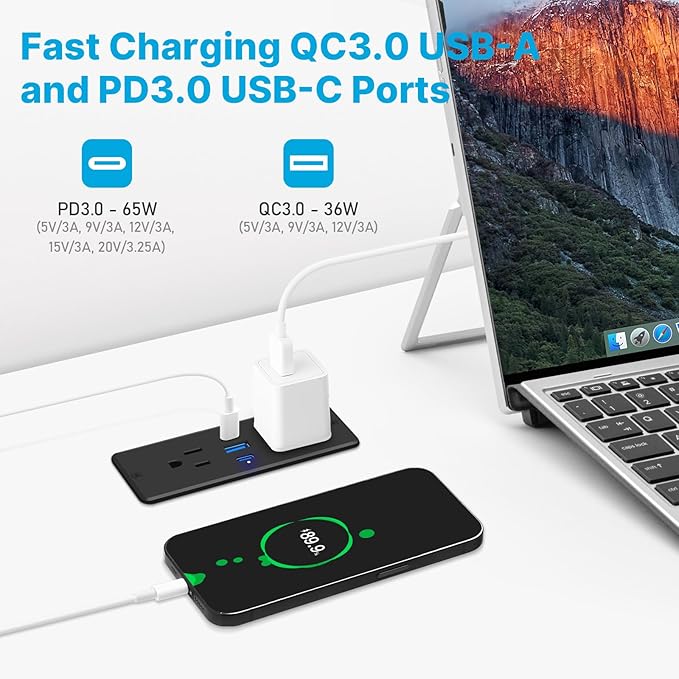 CCCEI Recessed Power Strip with Outlet and 65W USB C Ports, Furniture Flush Mount Power Strip, Small Desk Hidden Outlet for Conference Table, Nightstand, Black, 6FT.