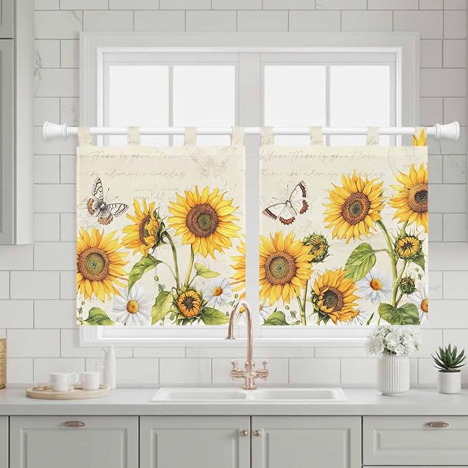 Farm Sunflowers Kitchen Curtains 36 Inch Length, Small Window Curtains Tab Top - Image 3