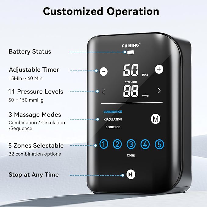 FIT KING Cordless Recovery System, Professional Air Compression Massager, Reduces Muscle Pain and Improves Circulation, Warm-up and Fast Recovery for Athletes, Customized Zone Massage Optional (Large)