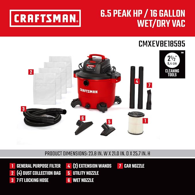 CRAFTSMAN CMXEVBE18595 16 Gallon 6.5 Peak HP Wet Dry Vac, Heavy-Duty Shop - Image 3