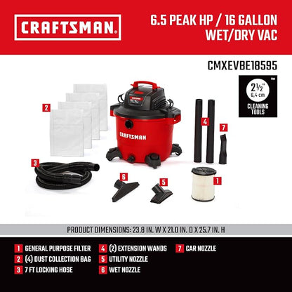 CRAFTSMAN CMXEVBE18595 16 Gallon 6.5 Peak HP Wet Dry Vac, Heavy-Duty Shop - Image 3