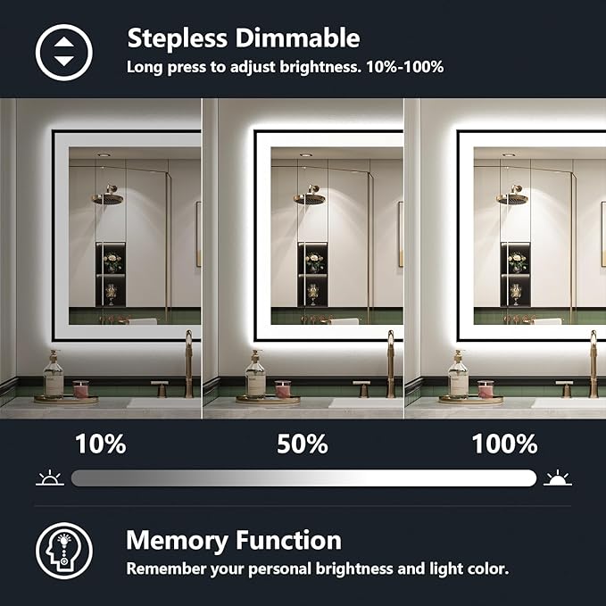 YEELAIT 36x36 Inch LED Bathroom Mirror with Lights (Front Lit and Backlit) Black Framed Lighted Vanity Mirror for Bathroom Wall Dimmable Anti-Fog Memory Tempered Glass Horizontal/Vertical