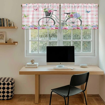 Spring Tier Curtains, Bicycles Leaves Butterfly Flowers Pink Buffalo Plaid - Image 6