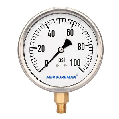 MEASUREMAN 4" Dial Size, Glycerin Filled Plumbing Pressure Gauge, Stainless by MEASUREMAN