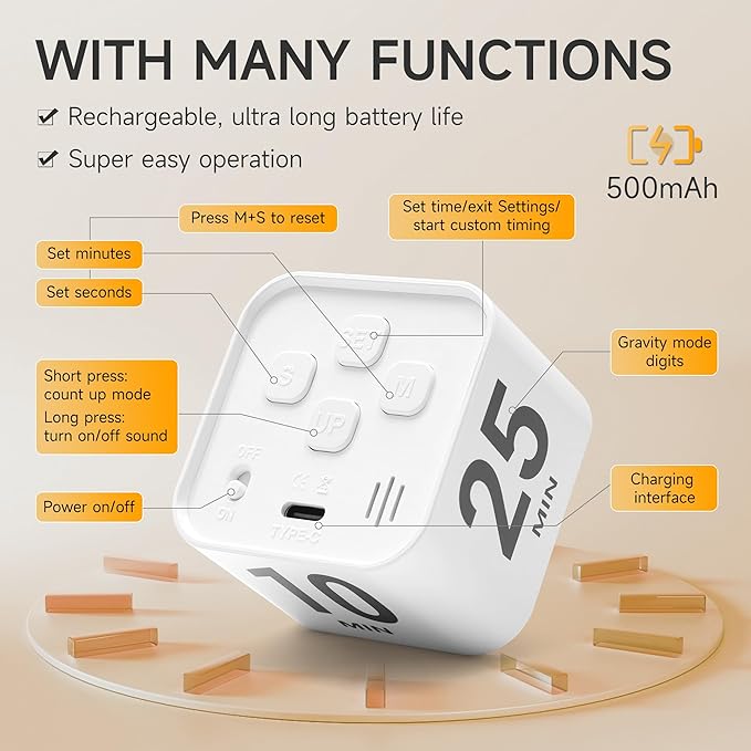 Rotating Productivity Timer 5, 25, 10, 50 Minutes Preset, Desk Cube w/Gravity Sensor for ADHD, Mute Functions, Ideal for Work, Study, Kitchen, Back to School (1, White)
