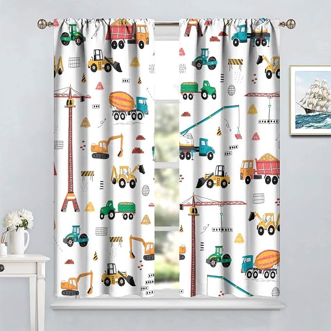 Construction Window Curtains, Kids Cartoon Construction Machines Building Hand - Image 2
