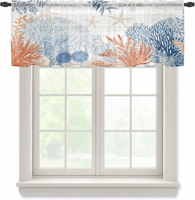 Ocean Corals Sheer Valance Curtains, Summer Beach Coral Sea Stars Light by Houseown