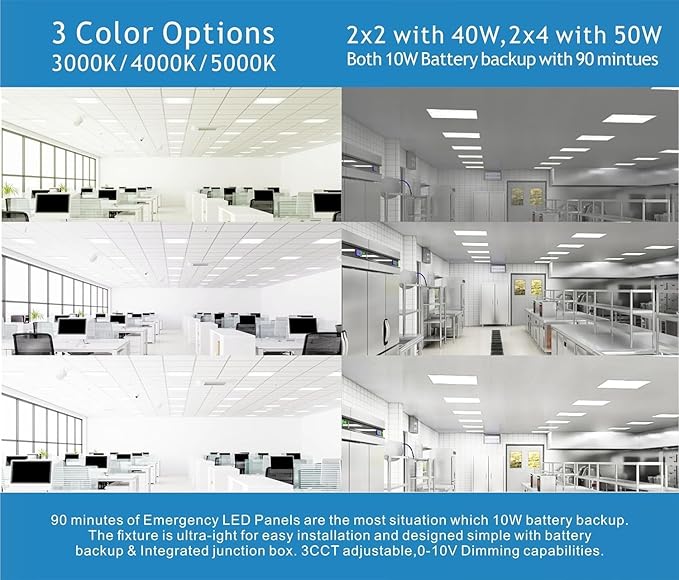 2X2 LED Flat Panel Light Emergency Battery Backup, 40W-3000K/4000K/5000K, 0-10V Dimmable, 4390 Lumens, LED Drop Ceiling Light, 100-277V, DLC and UL Listed, Ultra Thin Back-Lit (6 Pack)