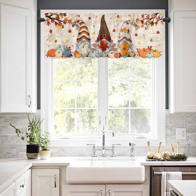 Fall Gnomes Kitchen Curtain Set, Thanksgiving Maple Leaf Rustic Pumpkin Window - Image 3