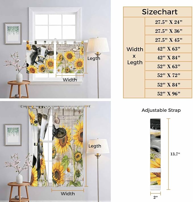 Yellow Sunflowers Kitchen Curtains 24 Inch Length, Small Window Curtains Tab Top - Image 8