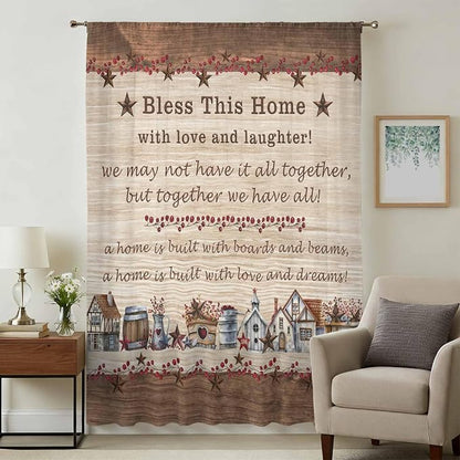 Farmhouse Sheer Curtains 63 Inch Length Brown Country Star Berry Vintage Wood - Image 3
