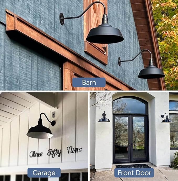 Steel Lighting Co. Large Outdoor Barn Light | Gooseneck Light Fixture | Made in America from 18-Gauge Steel | 20" Dome | Upward Sloping Gooseneck Cream Exterior/Brass Interior