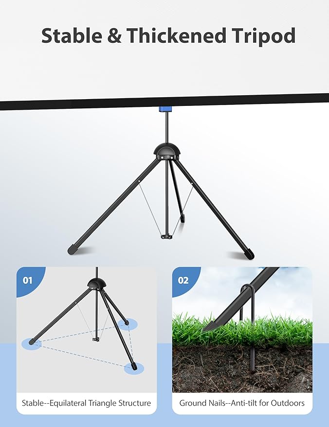 Projector Screen with Stand, Paris RHÔNE 80-inch Outdoor Indoor Projector Screen 16:9 4K HD PVC, 1.5 Gain Portable Wrinkle-Free Movie Screen for Home Backyard Theater with Carry Bag, Ground Nails