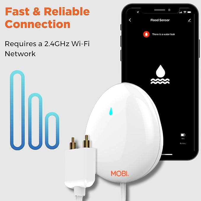 MOBI Connect WiFi Leak Alert Sensor, 24/7 Protection and Smart App Integration, Outlet Compatible, 48-inch Extension Cable (Pack of 2)