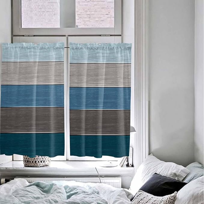 Retro Farm Blue Gray Wood Grain Window Valance Curtains, Rustic Wooden Plank - Image 4
