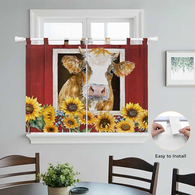 Cows Sunflowers Bedroom Curtains 63 Inch Length, Window Curtains Tab Top - Image 4