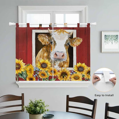 Cows Sunflowers Bedroom Curtains 63 Inch Length, Window Curtains Tab Top - Image 4