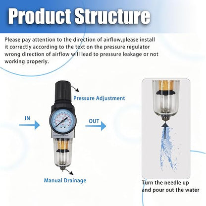 HengMinLingTong 1/4" NPT Compressed Air Filter Regulator Combo Piggyback - Image 3
