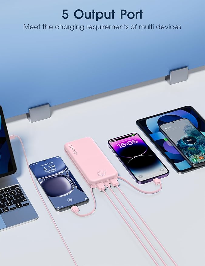 Nusyddy Portable Charger, 12000mAh 22.5W Fast Charging Power Bank with Built-in Cables & Wall Plug, Travel Essentials External Battery Pack, USB C Battery Phone Charger for iPhone, iPad, Samsung Pink
