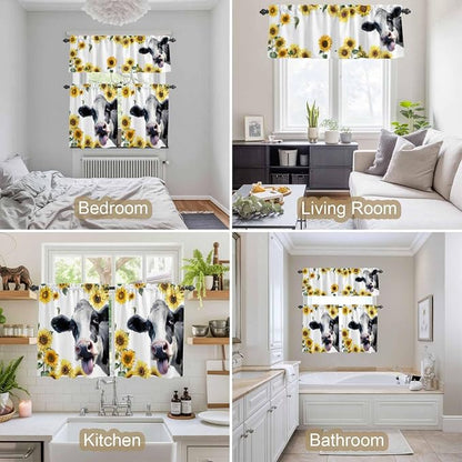 Kitchen Curtains Tiers and Valance Set of 3, Cow Sunflowers Light Filtering - Image 7