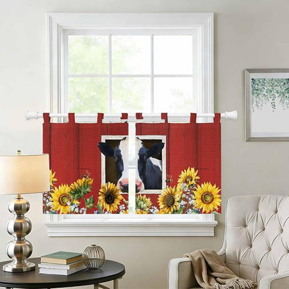 Cow Sunflowers Kitchen Curtains 24 Inch Length, Small Window Curtains Tab Top - Image 2