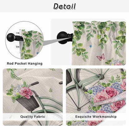 Farmhouse Spring Tier Curtains, Retro Bicycles Flowers Vines Butterfly Light - Image 9
