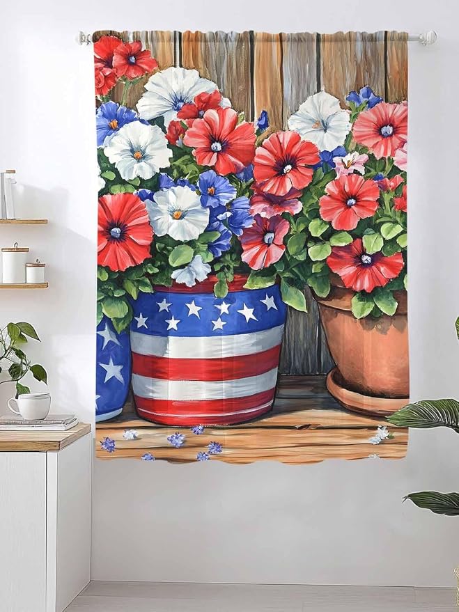 Sheer Curtains 63 Inch Length, Retro Independence Day Flag Wood Grain Privacy - Image 2