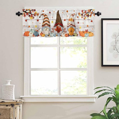 Fall Gnomes Kitchen Curtain Set, Thanksgiving Maple Leaf Grey Wood Grain Window - Image 7