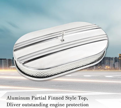 15" Polished Aluminum Air Cleaner Assembly Kit Alloy Oval Partial Half Finned - Image 4