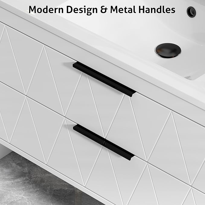 eclife 24" Bathroom Vanities Cabinet with Sink Combo, Wall Mounted Floating Cabinet W/Decor Line, Soft-Close System, 2 Extra Big Drawers, Matte Black Faucet, White