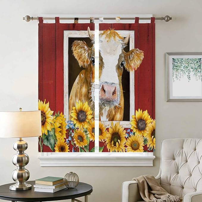 Cows Sunflowers Bathroom Curtains 63 Inch Length, Window Curtains Tab Top - Image 2